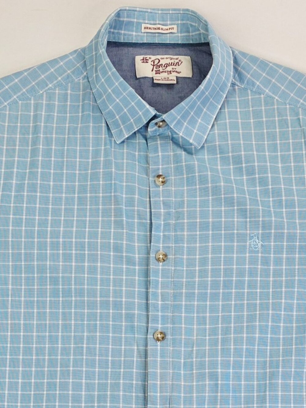 Penguin Heritage Slim Fit Blue White Check Men Size Large Short Sleee Logo Shirt